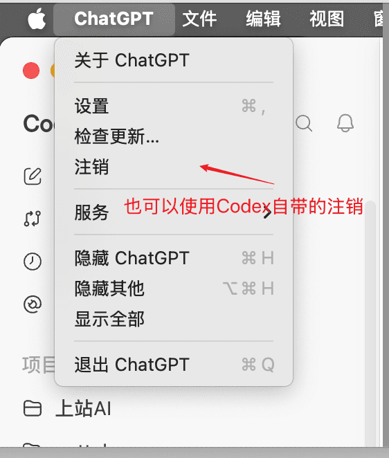 使用 Codex 应用菜单中的“注销”功能