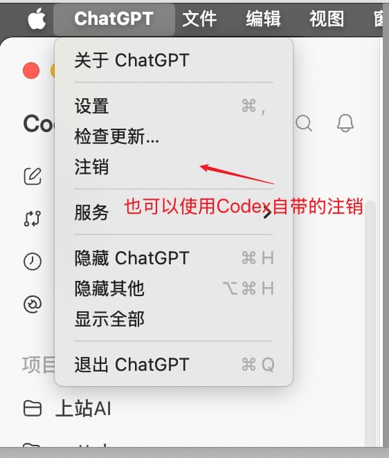 使用 Codex 应用菜单中的“注销”功能